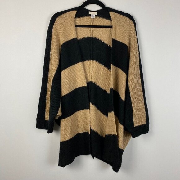 Chicos Cardigan Sweater Womens 2 US Large Mohair Blend Tan Black Oversized - Picture 1 of 7